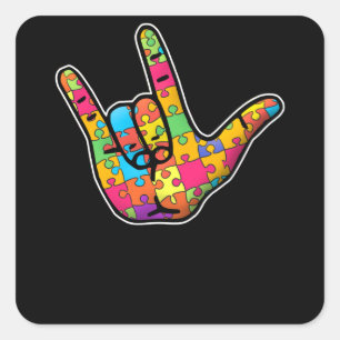 Adesivo Quadrado ASL Love Sign Language Autism Awarsm Suporte