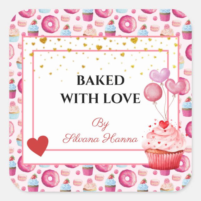 Adesivo Quadrado Assado com Amor - Cupcakes & Donuts Fofos  (Frente)