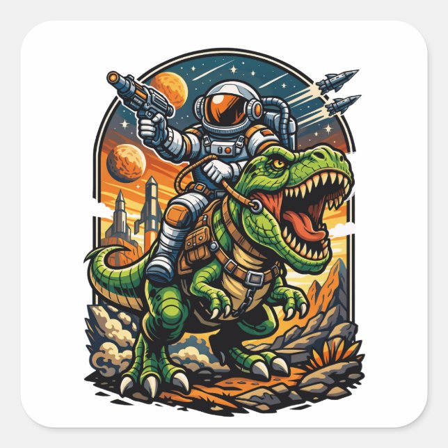 Adesivo Quadrado Astronaut Riding a T-Rex – Epic Space Dinosaur (Frente)