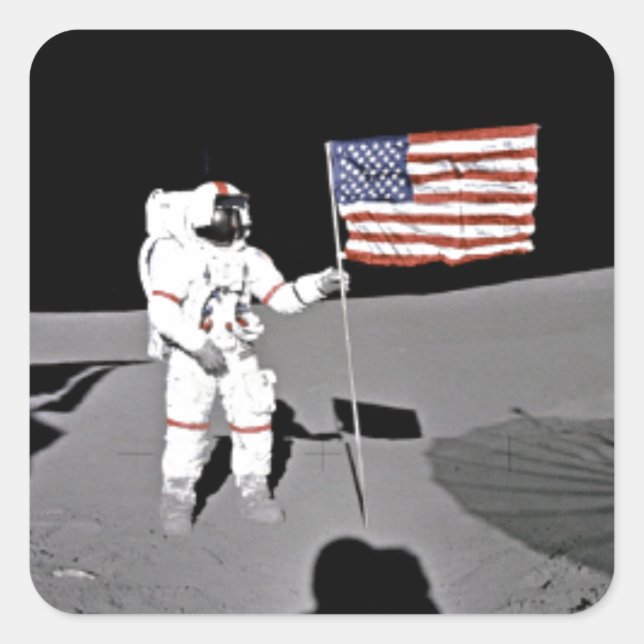 Adesivo Quadrado Astronauta Alan Shepard, bandeira americana na Lua (Frente)