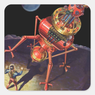 Adesivo Quadrado Astronauta de Ficção Científica Vintage com Robô A