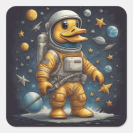 Adesivo Quadrado Astronauta de Pato Gato no espaço com planetas, en