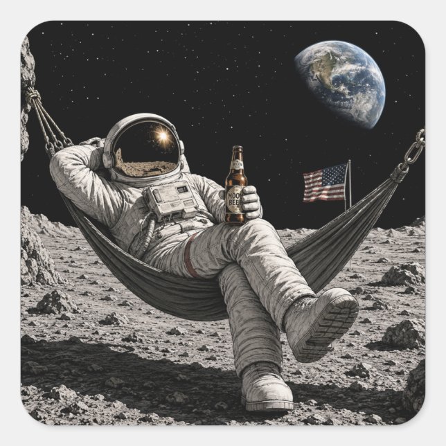Adesivo Quadrado Astronauta Relaxando com Cerveja na Lua (Frente)