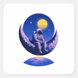 Adesivo Quadrado Astronauta Retro na Lua Crescente – Espaço Cósmico