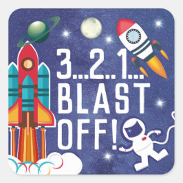 Adesivo Quadrado Astronauta Roket Ship Outer Space BLAST OFF