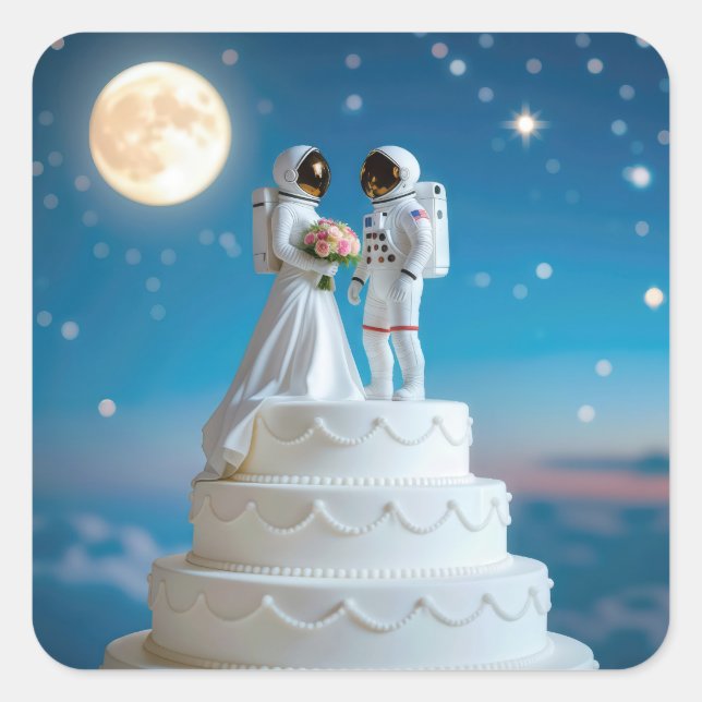 Adesivo Quadrado Astronautas recém-casados em um Bolo de Casamento (Frente)