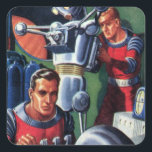 Adesivo Quadrado Astronautas Vintage Science Fiction consertando um<br><div class="desc">Ilustração vintage: aliens futuristas de ficção científica e imagem de robôs apresentando um homem trabalhando em seu robô metálico. Um astronauta é um piloto que controla os controles do seu foguete. Retro clássico com estilo cômico de 50 s design de ficção científica.</div>