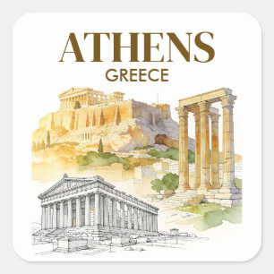 Adesivo Quadrado Atenas Grécia Acrópole Aquarela Personalizada