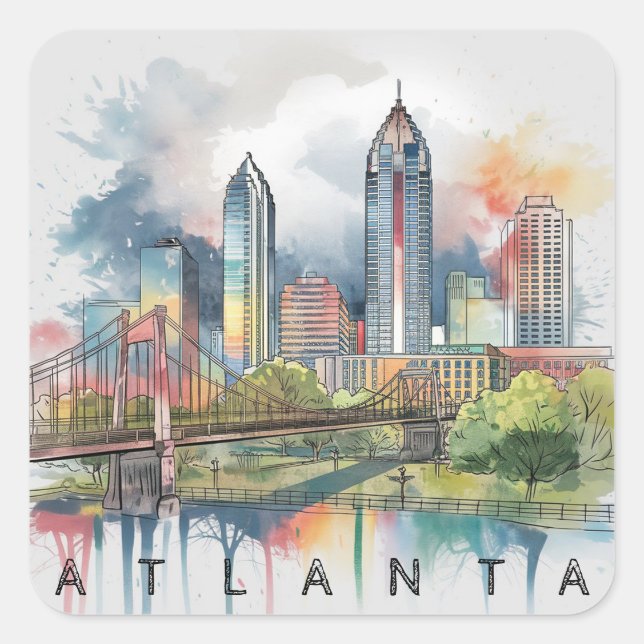 Adesivo Quadrado Atlanta Moderna Geórgia Estilizada Aguarela (Frente)