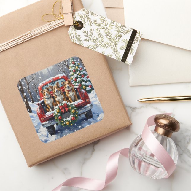 Adesivo Quadrado Australian Cattle Dog Christmas Red Truck Holiday (Presentear)