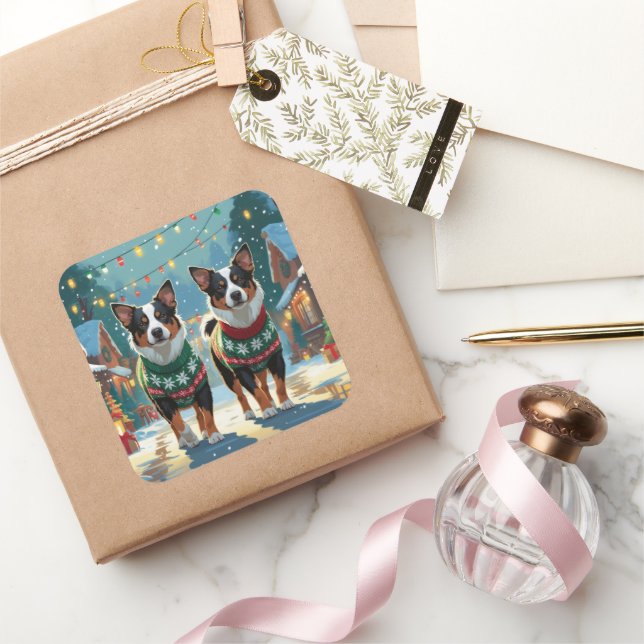Adesivo Quadrado Australian Cattle Dogs Christmas Snow Holiday (Presentear)