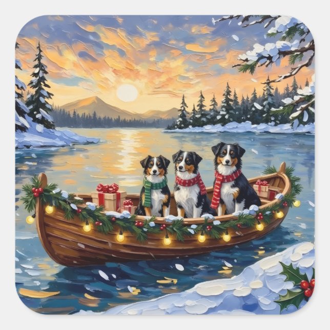 Adesivo Quadrado Australian Shepherd Christmas Boat Holiday (Frente)