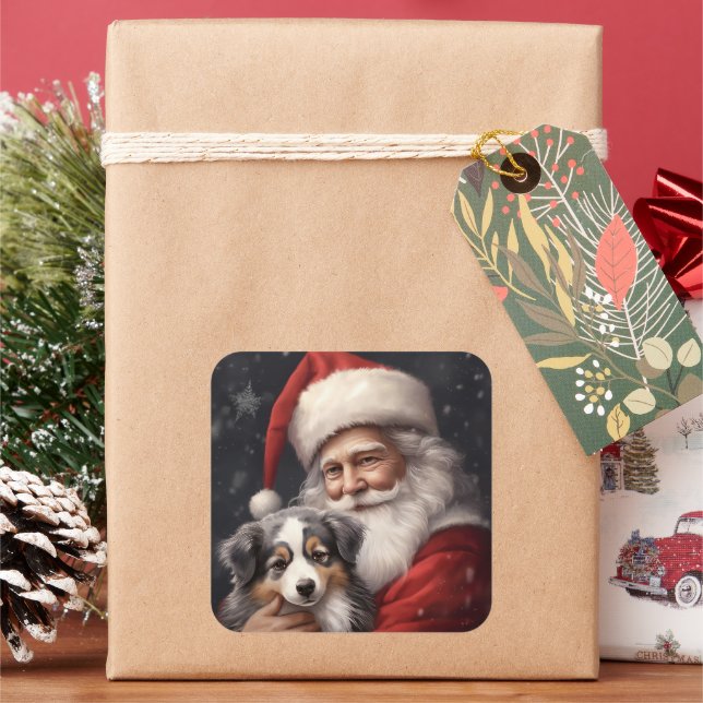 Adesivo Quadrado Australian Shepherd com o Natal do Papai Noel  (Feriado)