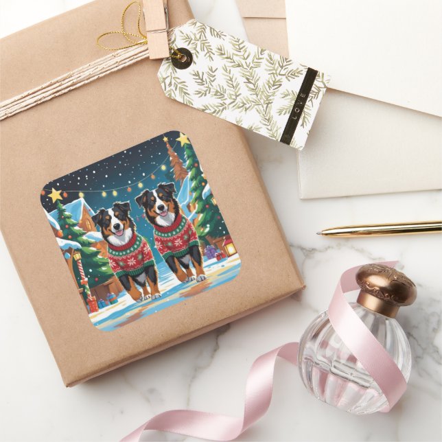 Adesivo Quadrado Australian Shepherd Dogs Christmas Snow Holiday (Presentear)