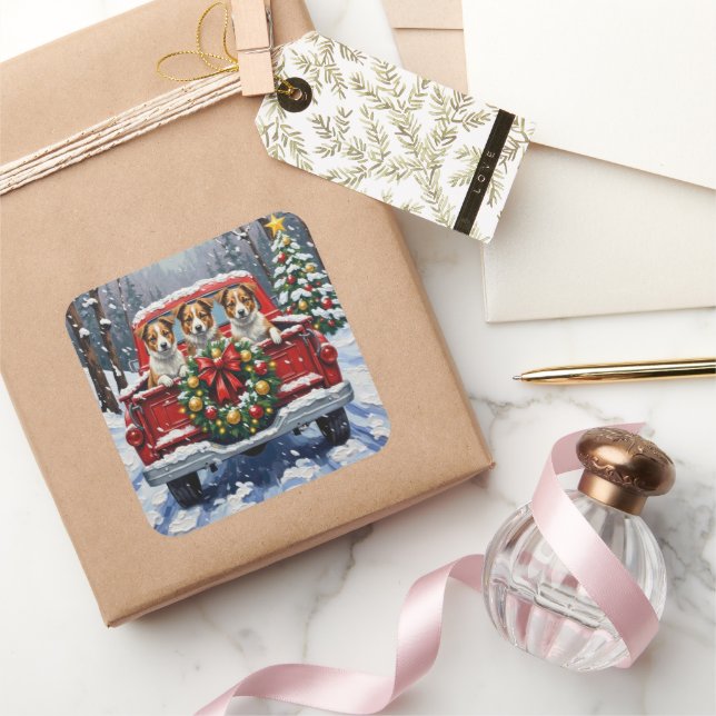 Adesivo Quadrado Australian Terrier Christmas Red Truck Holiday (Presentear)