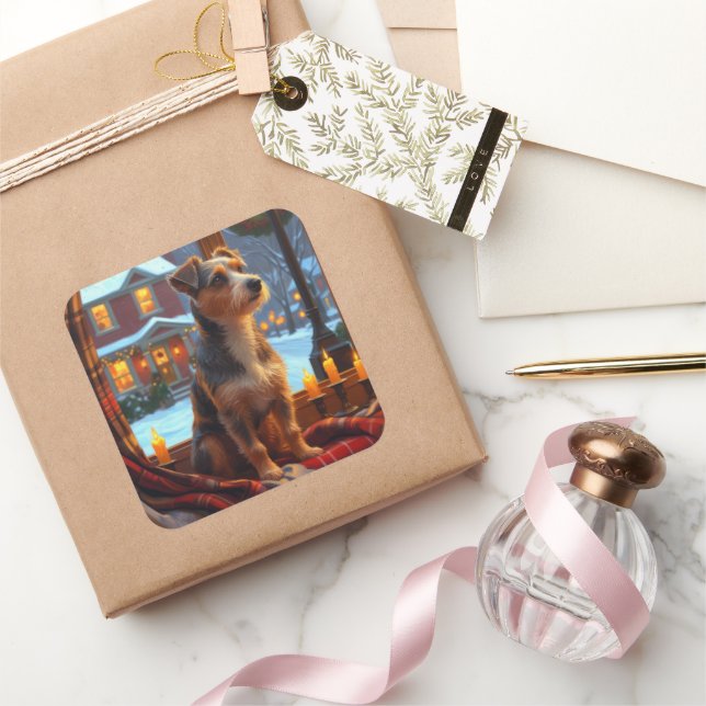 Adesivo Quadrado Australian Terrier With Christmas Lights Holiday (Presentear)