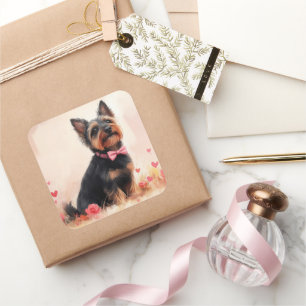 Adesivo Quadrado Australiano Terrier com Rosas - Dia de os namorado