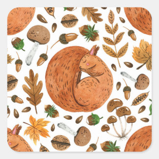 Adesivo Quadrado Autumn Dreams: Watercolor Squirrel Haven