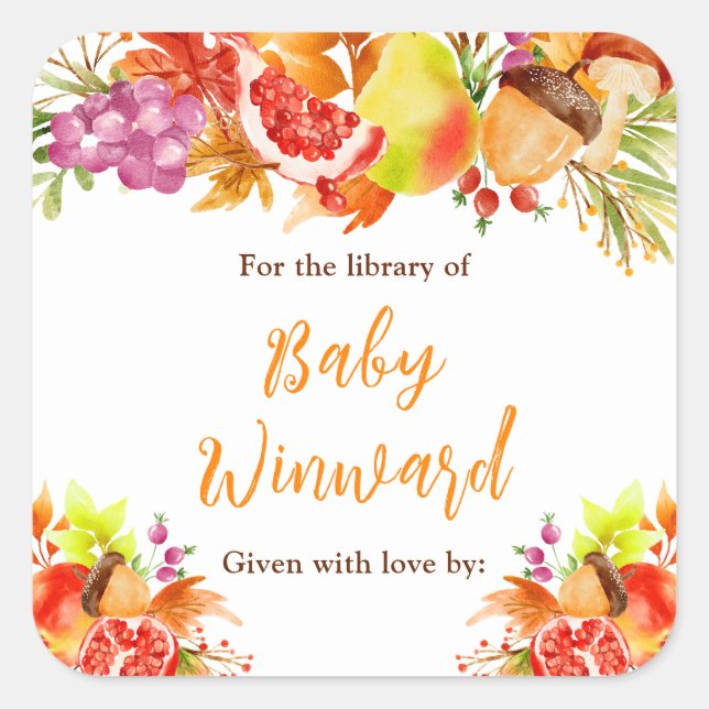 Adesivo Quadrado Autumn Fall Harvest Baby Shower Bookplate (Frente)