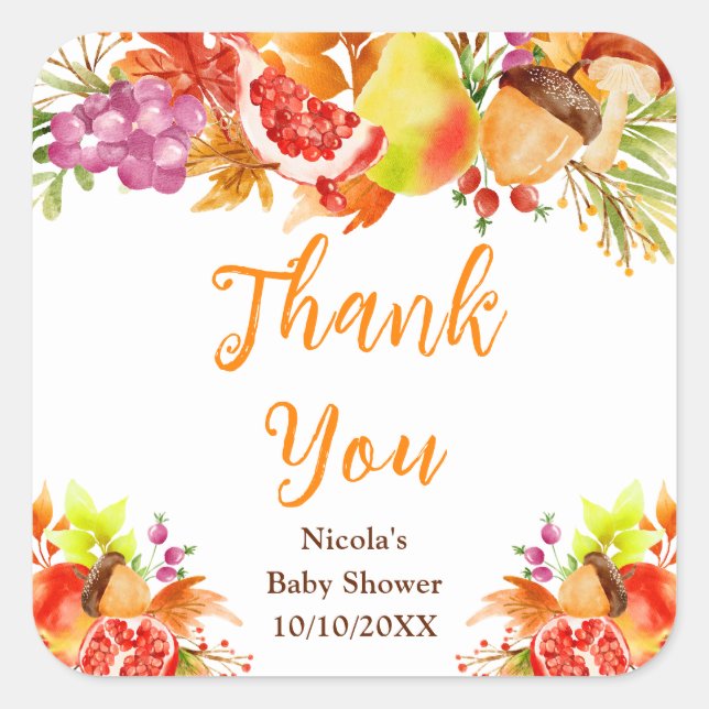 Adesivo Quadrado Autumn Fall Harvest Baby Shower Thank You (Frente)