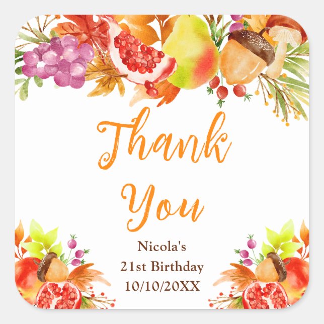 Adesivo Quadrado Autumn Fall Harvest Birthday Thank You (Frente)