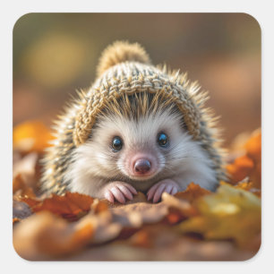 Adesivo Quadrado Autumn Hedgehog Com Boné