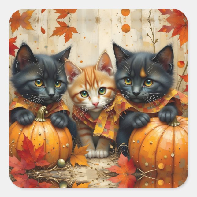 Adesivo Quadrado Autumn Kittens Pumpkins e Foliage (Frente)