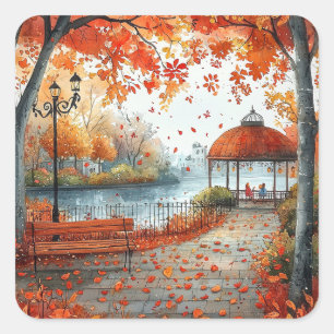 Adesivo Quadrado Autumn Orange Gazebo Park Ilustração