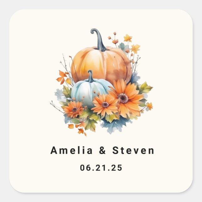 Adesivo Quadrado Autumn Pumpkins com Flores e Folhagem - Casamento (Frente)