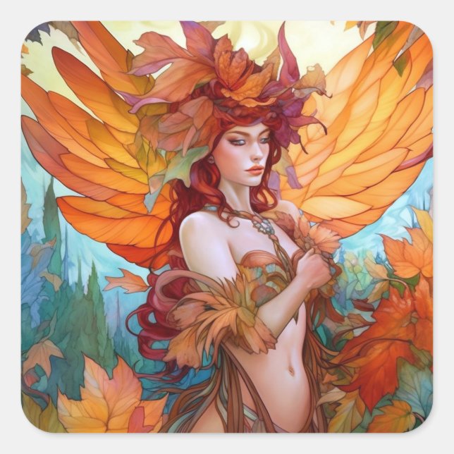 Adesivo Quadrado Autumn Woodland Fairy Fantasy Art (Frente)