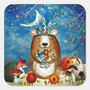 Adesivo Quadrado Autumn Woodland Friends Bear Forest Illustration