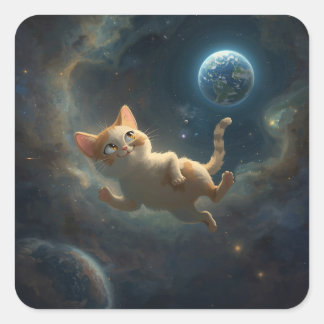 Adesivo Quadrado Aventura do Gato Cósmico – Pintura Espacial Enfeit