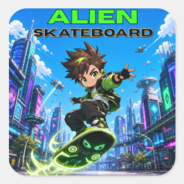 Adesivo Quadrado Aventuras em um Skate Alien