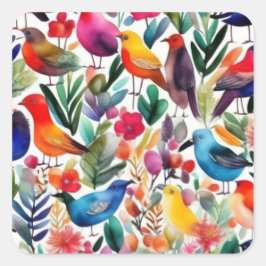 Adesivo Quadrado Aves florais coloridas