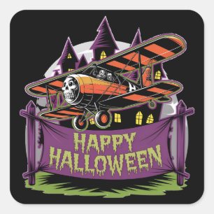 Adesivo Quadrado Avião sobrevoando faixa feliz do halloween