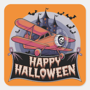Adesivo Quadrado Avião sobrevoando faixa feliz do halloween