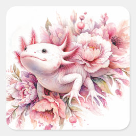 Adesivo Quadrado Axolotl De Aquarelas Entre Flores Rosa