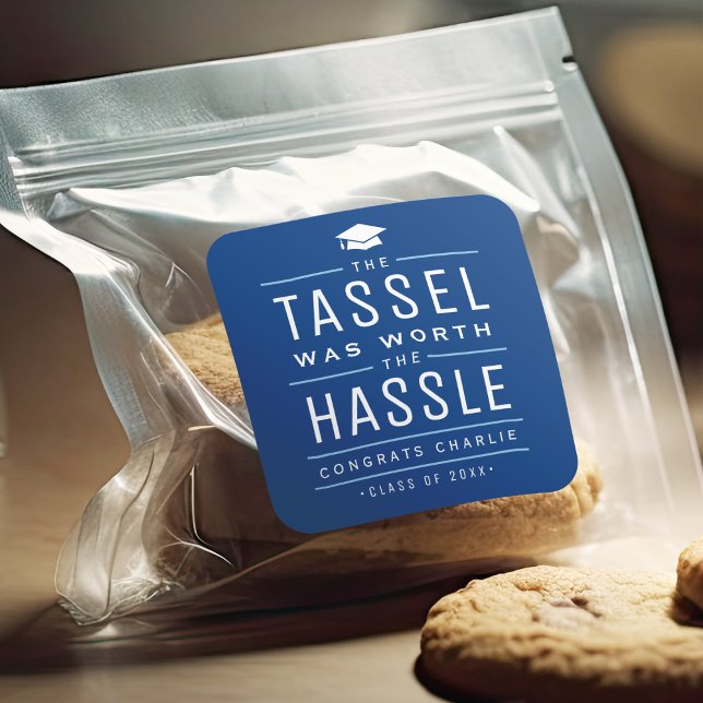 Adesivo Quadrado Azul, a tassel valeu a pena. (Blue the tassel was worth the hassle Graduation Square Sticker)