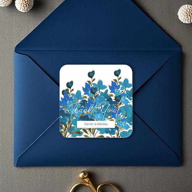 Adesivo Quadrado Azul-Artístico Cores-d-água Flores selvagens Monog (Criador carregado)