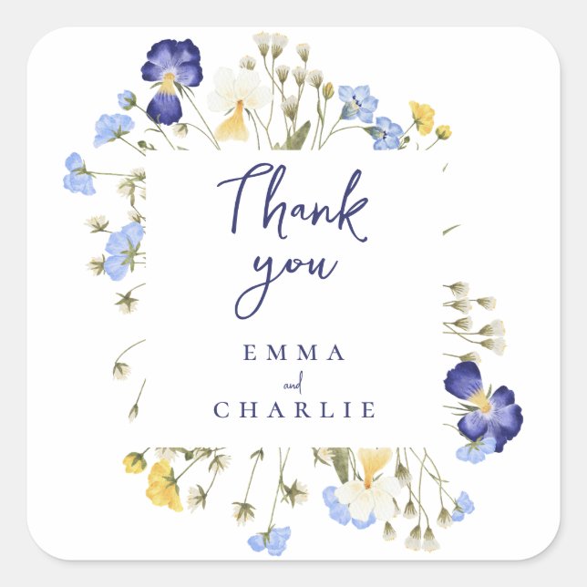 Adesivo Quadrado Azul botânico Boho Flores Selvagens Casamento russ (Frente)