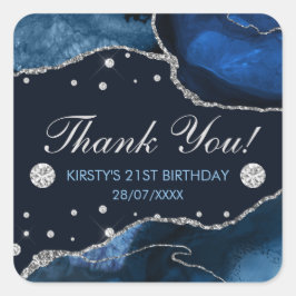 Adesivo Quadrado Azul & Brilho de Prata Falso Ágata Aniversário