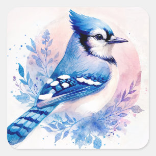 Adesivo Quadrado Azul de Aguarela Jay Botânico Pássaro