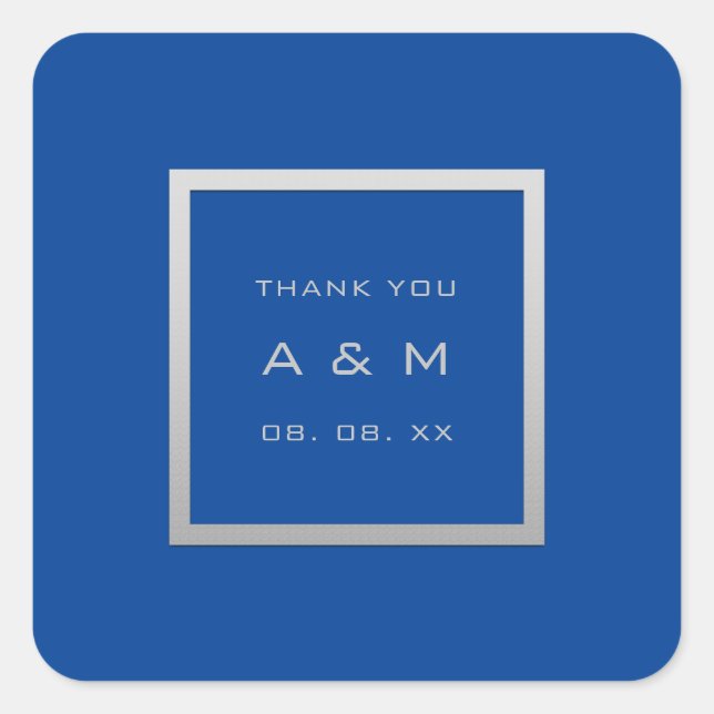 Adesivo Quadrado Azul de Casamento de Prata da Cinza do Monograma (Frente)