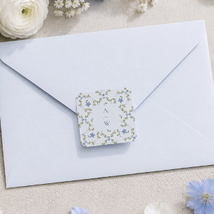 Adesivo Quadrado Azul Desbotado Floral Folclórico Monograma de Casa