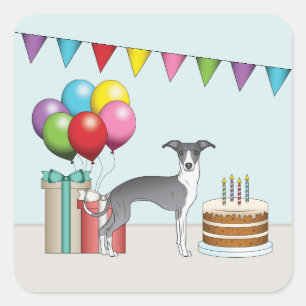 Adesivo Quadrado Azul E Branco Italiano Greyhound Aniversário Color