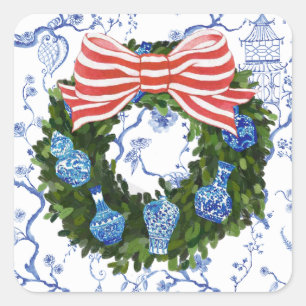 Adesivo Quadrado Azul e Chinoiserie Wreath de Natal
