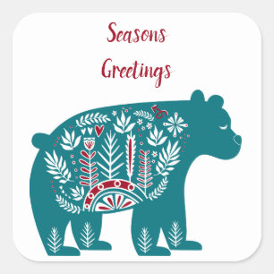 Adesivo Quadrado Azul Escandinavo Nórdico e Urso Vermelho