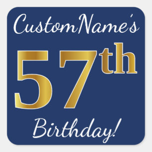 Adesivo Quadrado Azul, Faux Dourado 57.º Aniversário + Nome Persona