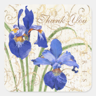 Adesivo Quadrado Azul Floral Iris Dourado Damask Obrigado