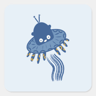 Adesivo Quadrado Azul Kawaii Octopus UFO